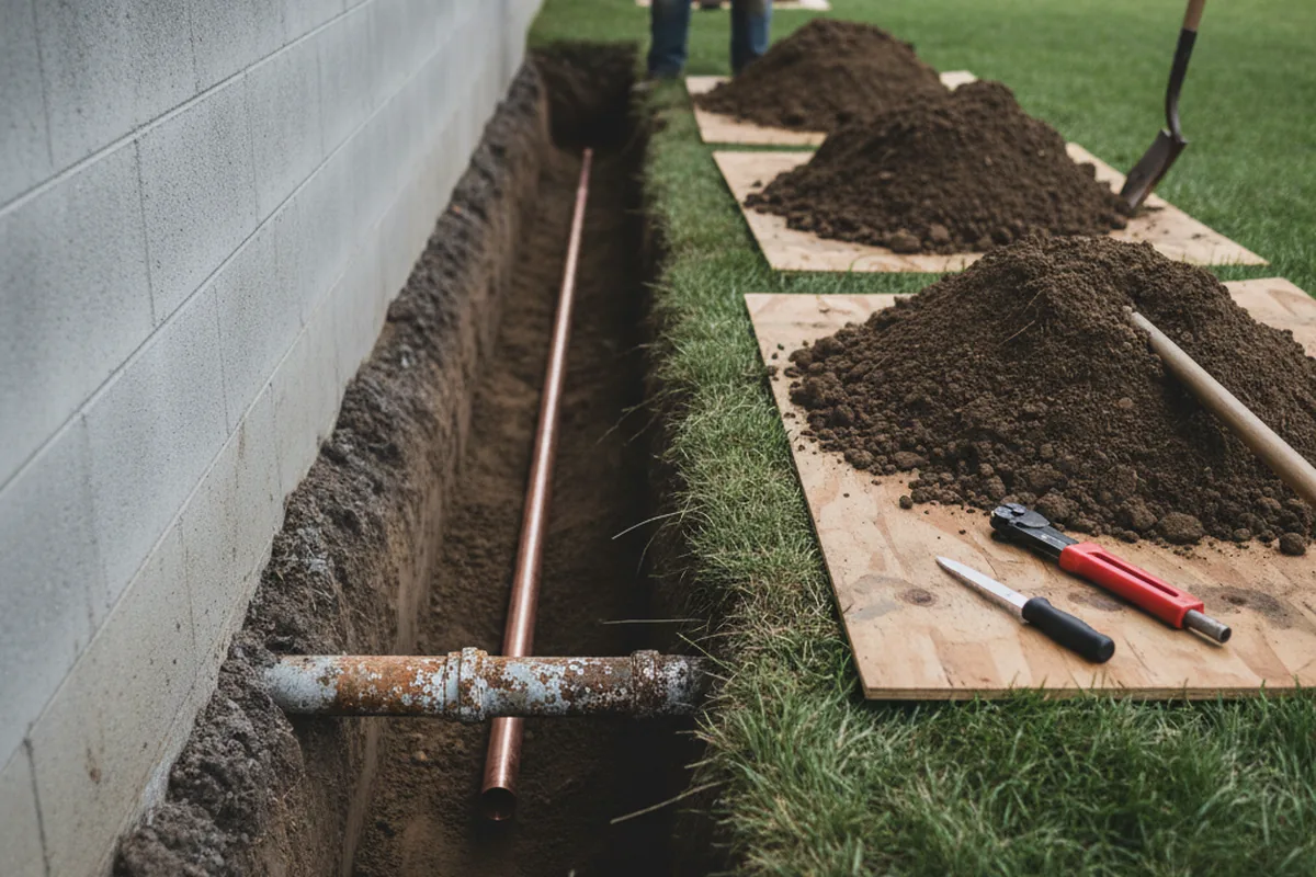 Excavated water line trench during Water Softener Installation in Weaverville